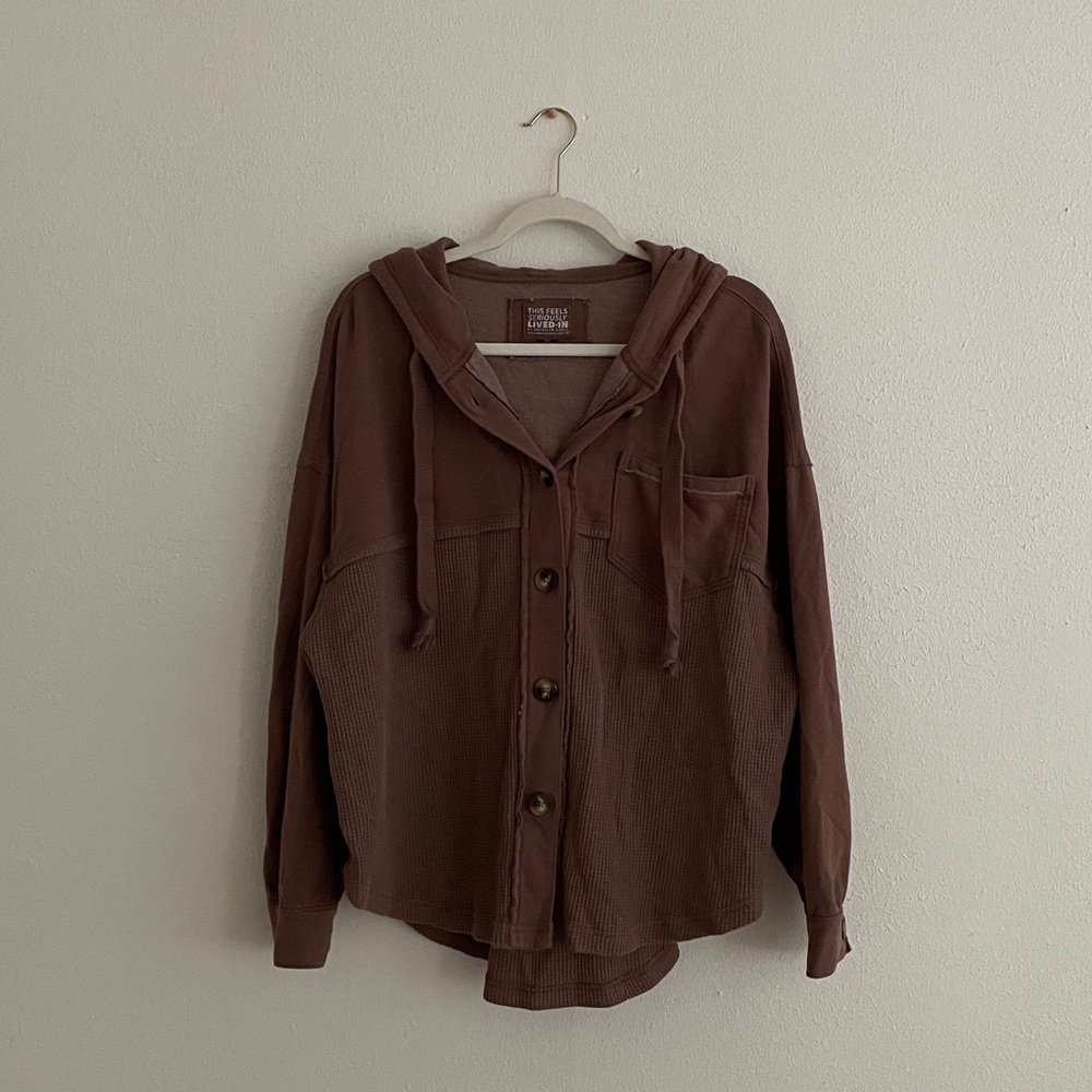 American Eagle Waffle Shirt Washed Look Button Up Oversized Seriously Lived In